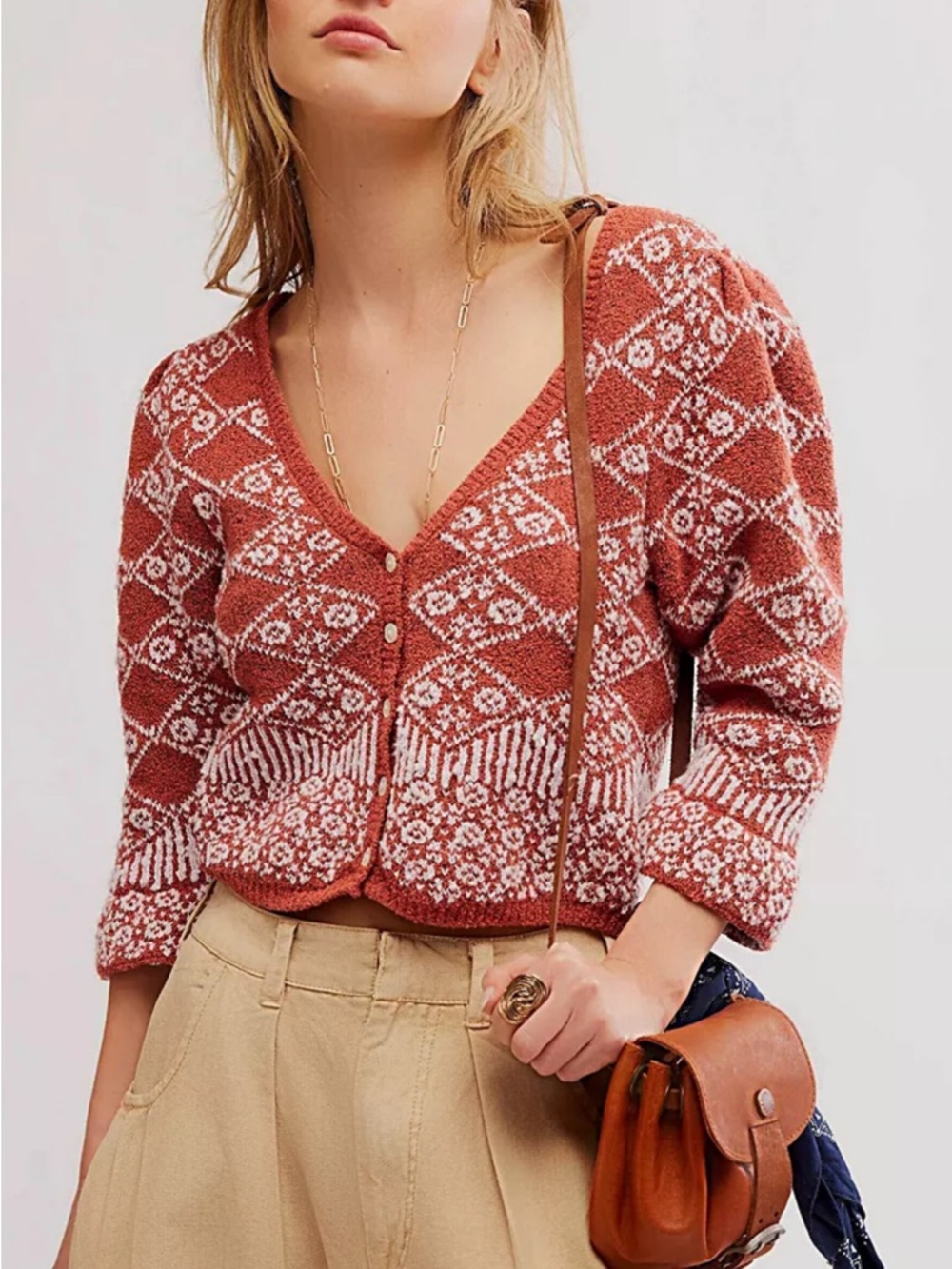 Free People Rust and White Patterned V-Neck Button Cardigan in Terracotta size s